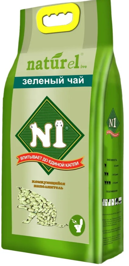 Наполнитель N1 NATUReL Зеленый чай для кошек, древесный, комкующийся, 17,5 л /  7,1 кг