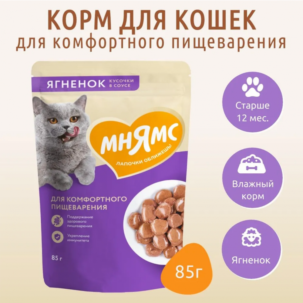Влажный корм Мнямс Кусочки в соусе с ягненком для комфортного пищеварения у кошек 85г