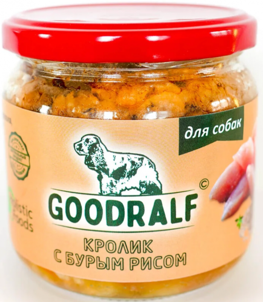 Влажный корм ПРЕМИУМ ГудРальф Кролик с бурым рисом стеклянная банка 340 гр