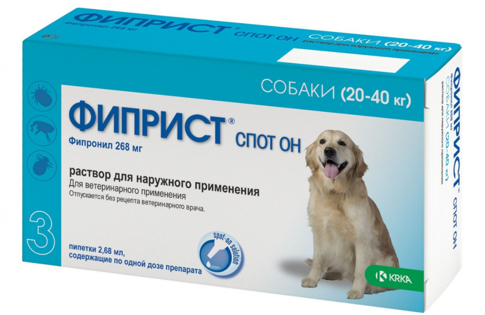 Фиприст Спот Он (KRKA) капли на холку для собак весом 20-40 кг, от блох, клещей, вшей и власоедов, 3 пипетки по 2.68 мл, 8.04 мл