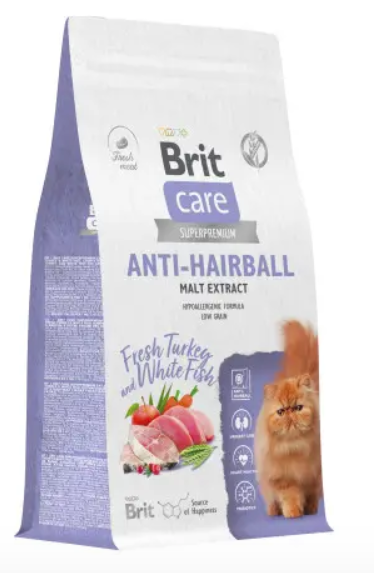 Brit Care Cat Anti-Hairball сухой корм для взрослых кошек для выведения шерсти из желудка, с белой рыбой и индейкой 7 кг