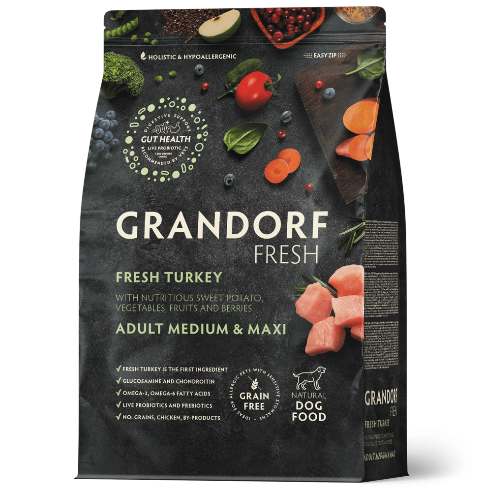Сухой корм GRANDORF FRESH DOG Turkey MED&MAXI мясо Индейки с бататом для взрослых собак средних и крупных пород, диетическая формула для особо аллергичных собак