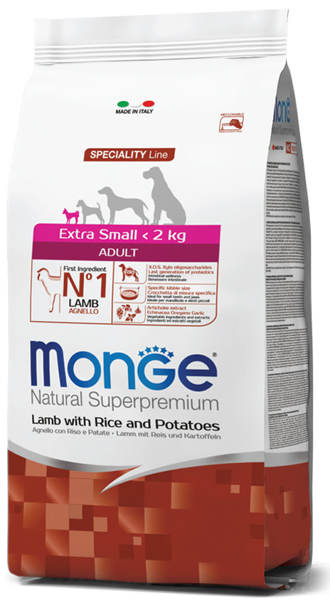 Корм сухой Monge Dog Extra Small Lamb, Rice & Potatoes для взрослых собак миниатюрных пород, ягненок с рисом и картофелем