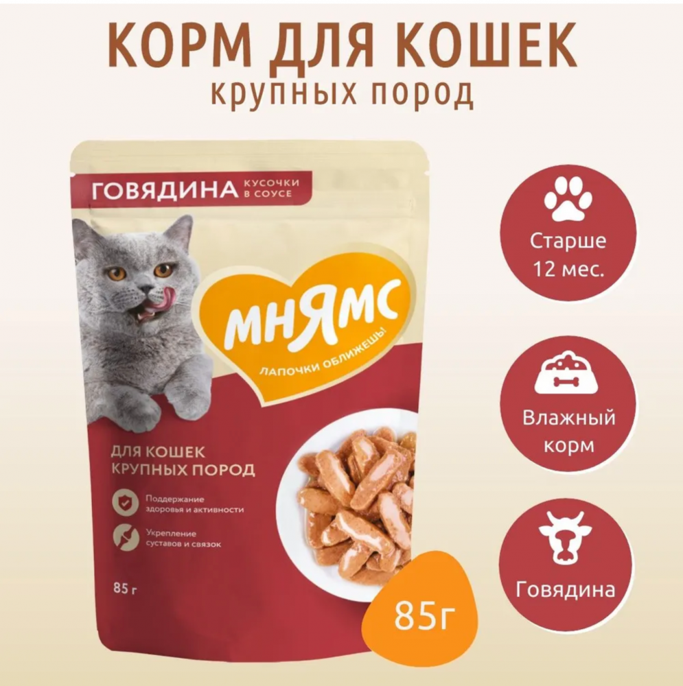 Влажный корм Мнямс Кусочки в соусе с телятиной для активных кошек 85г