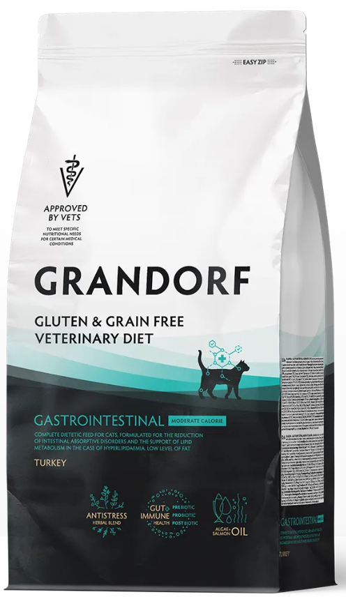 Корм Grandorf VET GASTROINTESTINAL MODERATE CALORI разработанный для лечения острых расстройств пищеварения и поддержки липидного обмена при гиперлипидемии для кошекn