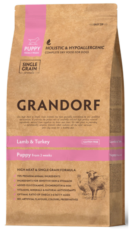 Корм Grandorf PUPPY ALL BREEDS LAMB & TURKEY для щенков всех пород от 3 недель, беременных и кормящих сук (низкое содержание зерна), ягненок с индейкой