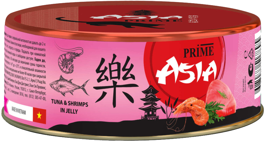 Корм Prime Asia Tuna & Shrimps (в желе) для кошек, с тунцом и креветками, 85 г