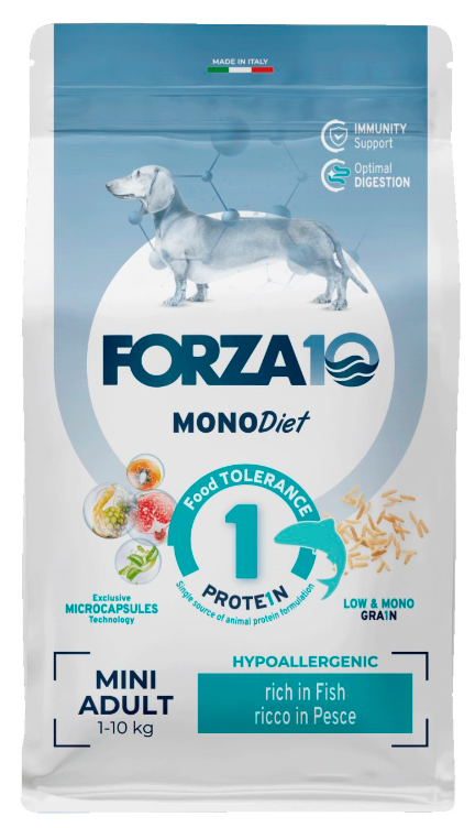 Корм Forza10 Diet Mini для собак малых пород, при пищевой аллергии, гипоаллергенный, с рыбой 1,5 кг