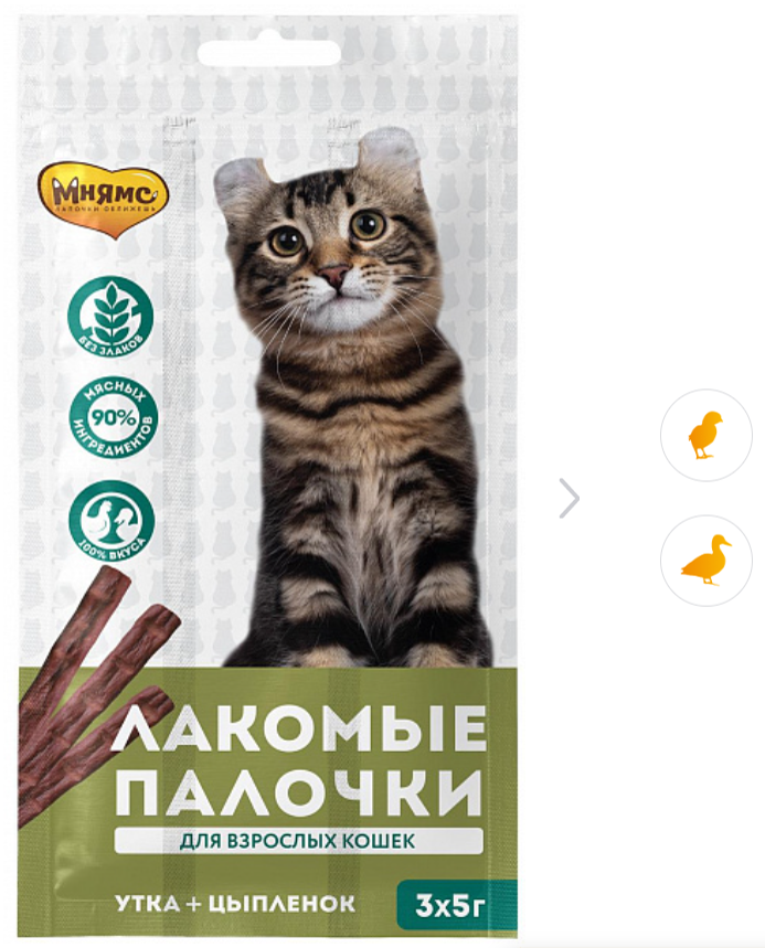 Лакомство для кошек Мнямс лакомые палочки с цыпленком и уткой 5г 3шт