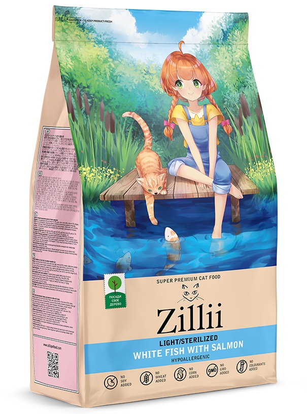 Корм ZILLII Light/Sterilized для взрослых кошек стерилизованных с Белая Рыба с Лососем