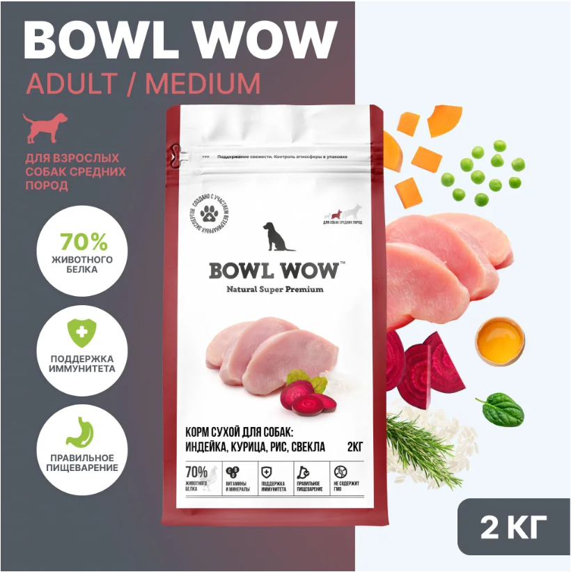 Корм BOWL WOW для собак средних пород с индейкой, курицей и свеклой