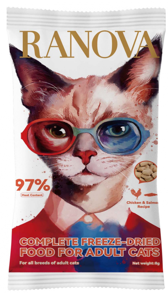 Полнорационный сухой (сублимированный) корм Ranova для кошек с курицей и лососем, 8 г