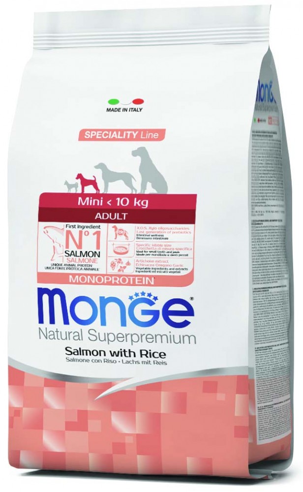 Корм Monge Dog Speciality Line Monoprotein Mini для взрослых собак мелких пород, из лосося с рисом 2,5 кг