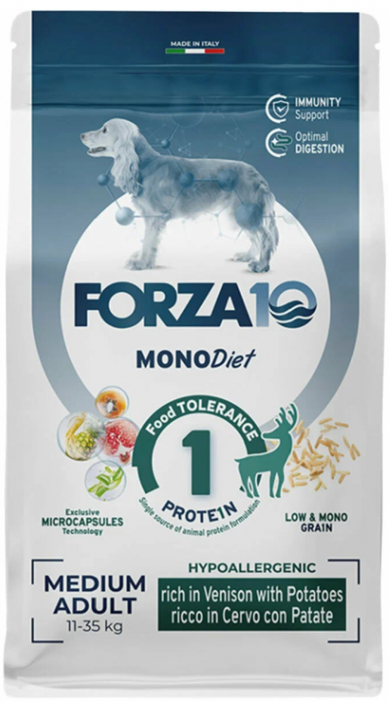 Корм Forza10 Diet Medium для собак средних пород, при пищевой аллергии, гипоаллергенный, с олениной и картофелем 12 кг