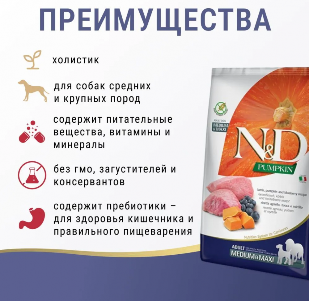 Корм Farmina N&D Dog (Беззерновой) для собак средних и крупных пород, ягненок, черника, тыква 2,5 кг