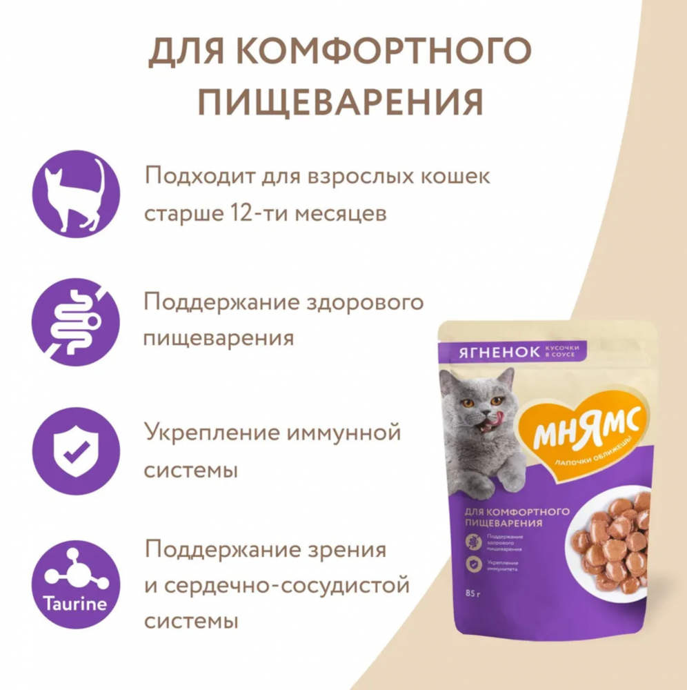 Влажный корм Мнямс Кусочки в соусе с ягненком для комфортного пищеварения у кошек 85г