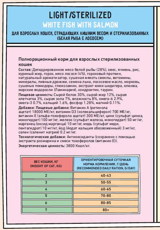 Корм ZILLII Light/Sterilized для взрослых кошек стерилизованных с Белая Рыба с Лососем