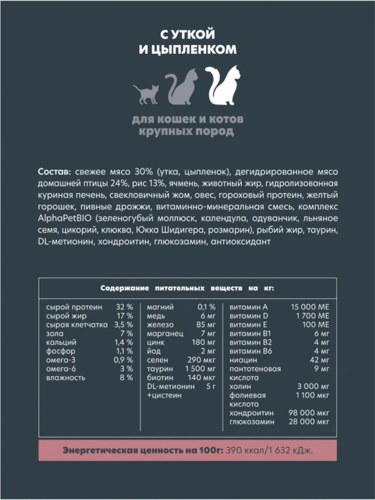 Корм Альфапет Ч КРУПНЫЕ КОШКИ с цыпленком и уткой для кошек