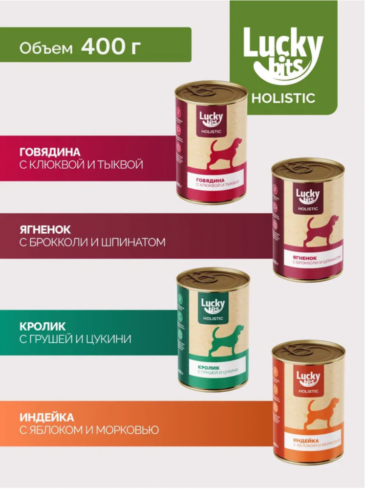 Полнорационный консервированный корм Lucky bits для собак всех пород с 6 месяцев с кроликом, грушей и цукини, 400 г