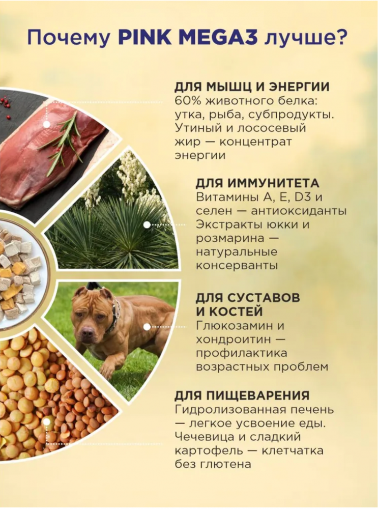 Корм PINK MEGA 3 БЕЗЗЕРНОВ Утка с лососем, 3 гранулы 1,8 кг для собак